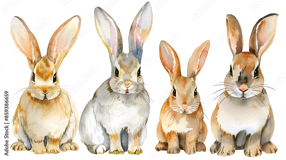 Obraz premium Collection of cute rabbits watercolor isolated on a white background