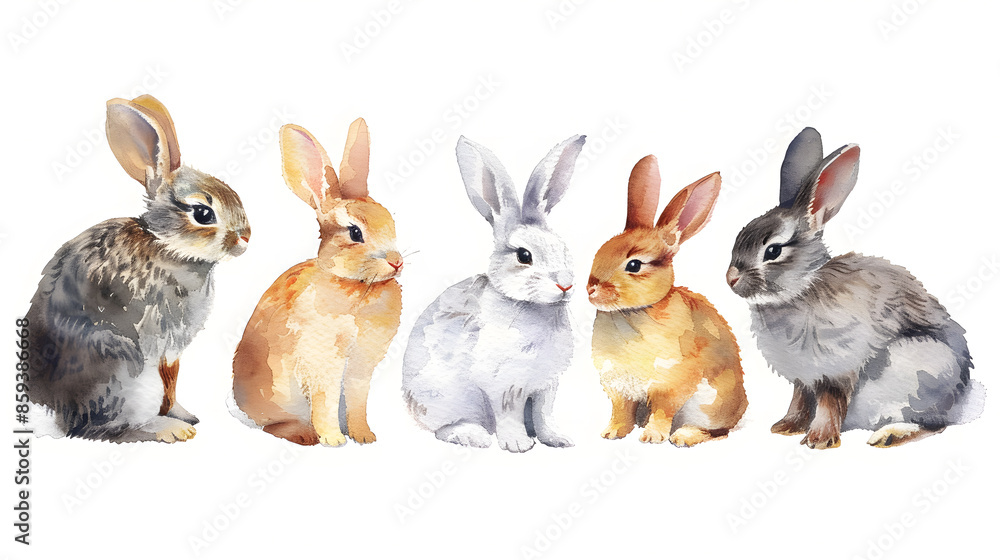 Collection of cute rabbits watercolor isolated on a white background Collection of cute rabbits watercolor isolated on a white background