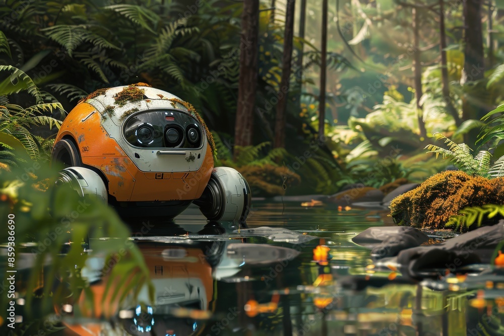 Illustration of an AI naturalist robot exploring and documenting new species in the wilderness AI naturalists, AI integration, Biodiversity protection Illustration of an AI naturalist robot exploring and documenting new species in the wilderness AI naturalists, AI integration, Biodiversity protection