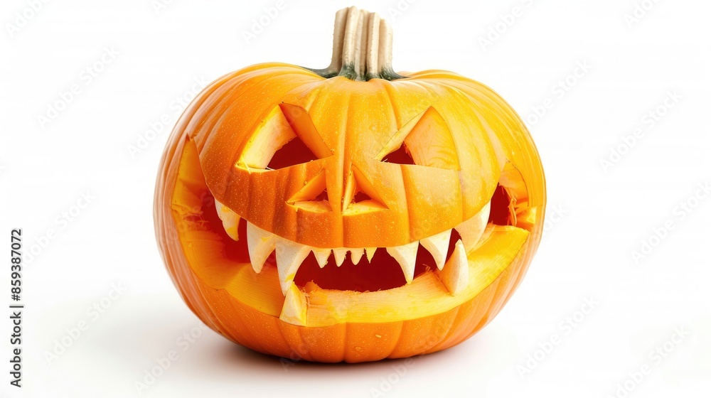 a Halloween pumpkin with vampire teeth, holiday character, humorous illustration, bright orange, isolated on white background a Halloween pumpkin with vampire teeth, holiday character, humorous illustration, bright orange, isolated on white background