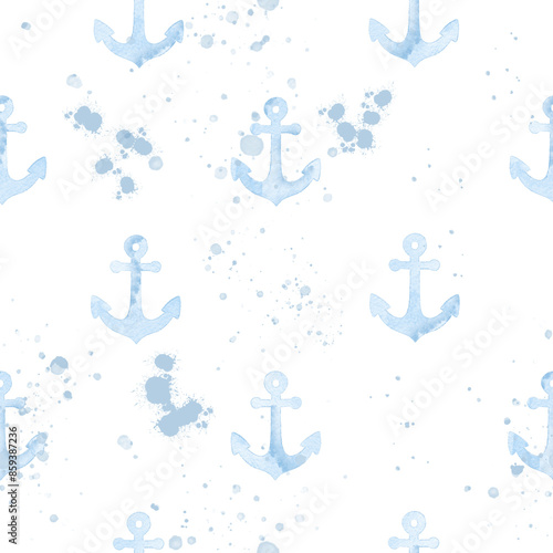 Seamless watercolor pattern with anchors on the white background, aquarelle. Anchors with splash