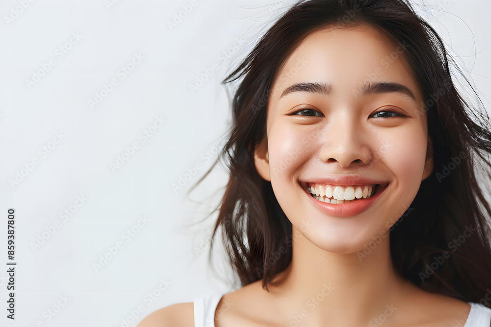 Closeup portrait of beautiful smiling Asian woman with smooth healthy skin Closeup portrait of beautiful smiling Asian woman with smooth healthy skin