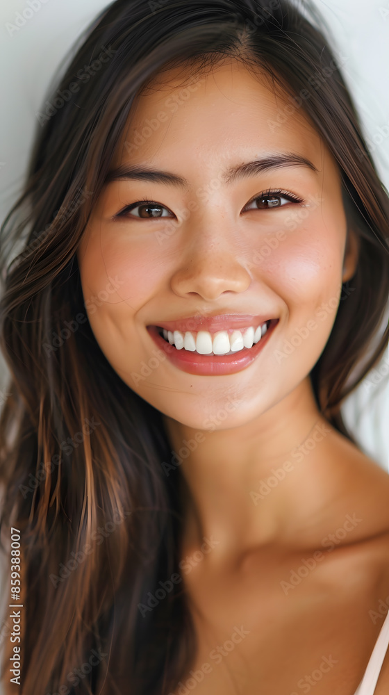 Closeup portrait of beautiful smiling Asian woman with smooth healthy skin Closeup portrait of beautiful smiling Asian woman with smooth healthy skin