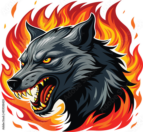 Angry grey wolf head surrounded by flames illustration
