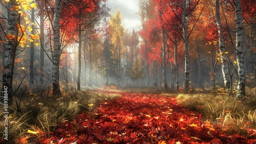 Serene Autumn Forest Path Covered in Vibrant Red and Orange Leaves with Misty Sunlight Filtering Through Birch Trees in a Tranquil Seasonal Landscapeautumn photo