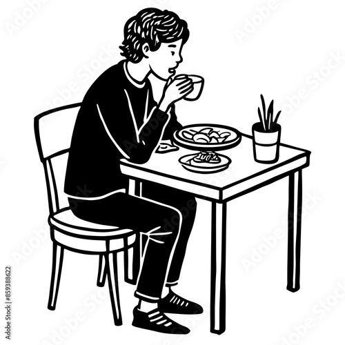 vector illustration sitting and eat at the table