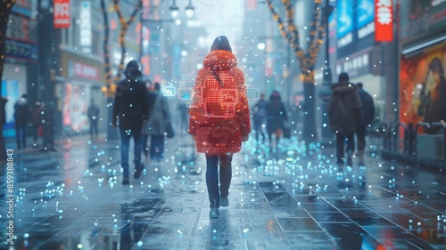 Young Woman in a Vibrant Red Coat Walking Through a Busy City Street with Digital Overlay of Red Hologram Backpack and Falling Particles at Night in Winter Season photo