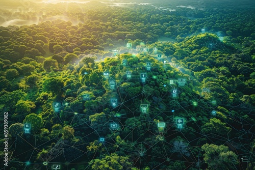 Realistic depiction of AI systems analyzing biome data to understand ecological relationships and promote conservation Biome analysis AI, Environmental AI, Sustainable technology