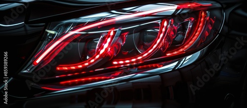 Red headlights of a black luxury car very close up 