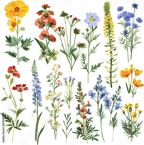 Watercolor wildflowers and leaves illustration set,,Beautiful floral set with watercolor hand drawn,Stock illustration,wild plants, flowers. Garden, meadow