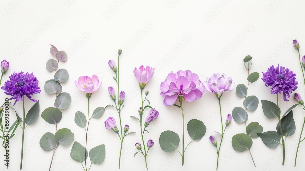 Obraz premium Seamless floral border with purple flowers and green leaves on white