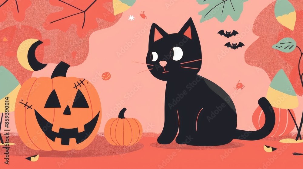 Halloween cat wallpaper flat design side view eerie theme animation colored pastel