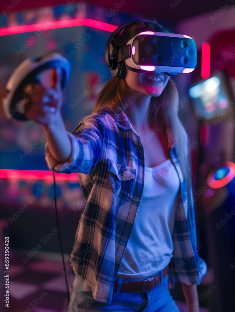 Young woman throwing playing a virtual reality game skapad av ai Young woman throwing playing a virtual reality game skapad av ai