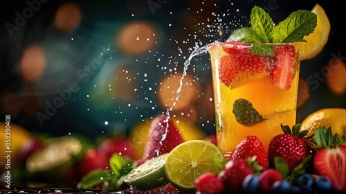 Vibrant fruit cocktail with splashes of juice, surrounded by fresh strawberries, lime, and mint, set against a colorful bokeh background.