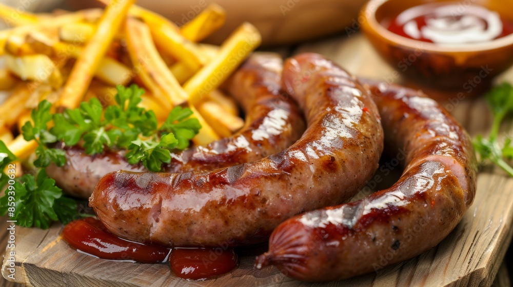 Grilled sausages with fries and sauces on wooden board Grilled sausages with fries and sauces on wooden board