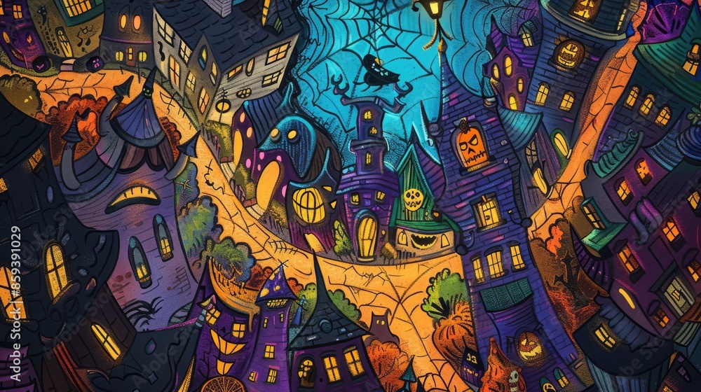 Fototapeta Halloween night wallpaper flat design top view spooky theme cartoon drawing colored pastel