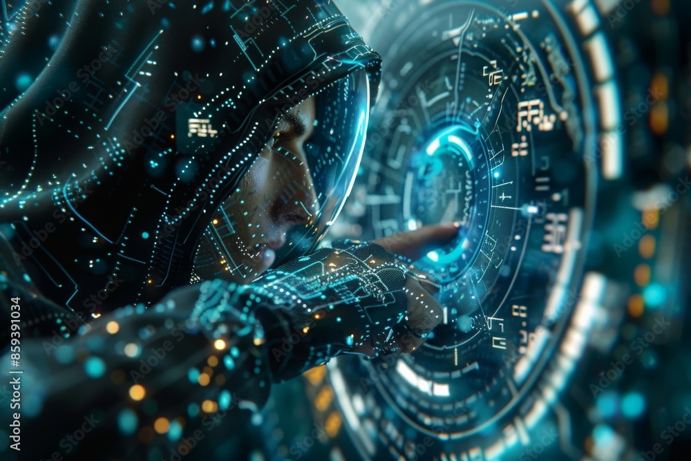 Futuristic Cybersecurity Concept with a Hacker in a Hooded Jacket ...