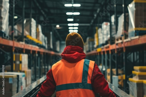 Happy warehouse worker loading package while placed on the rail at storage. Worker wearing safety jacket working at warehouse or factory surrounded with machine and box. Manufacture concept. AIG42.