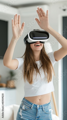 Young woman throwing playing a virtual reality game skapad av ai