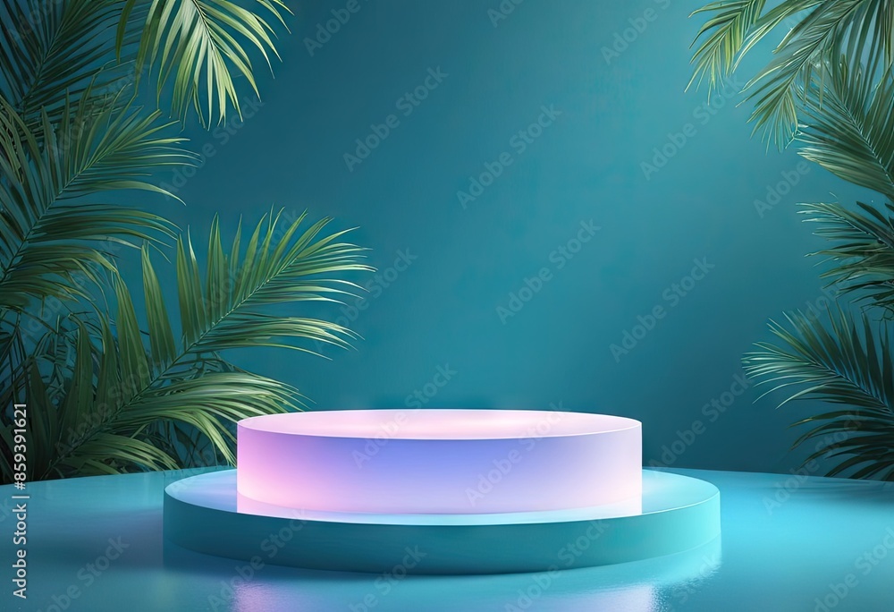 Empty podium for product presentation with palm leaf on seascape, palm trees, summer Empty podium for product presentation with palm leaf on seascape, palm trees, summer