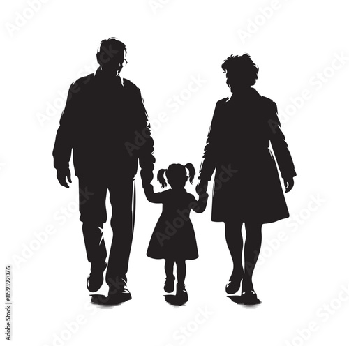 grandparents walking with granddaughter vector silhouette Illustration
