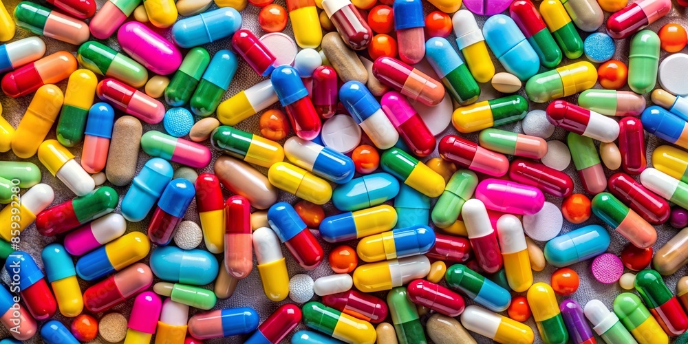 pills and capsules Immerse yourself in the world of pharmaceuticals with our captivating top down view of colorful prescription pills and capsules Immerse yourself in the world of pharmaceuticals with our captivating top down view of colorful prescription