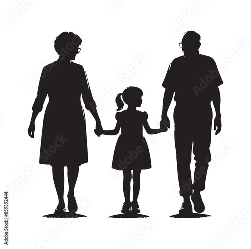 grandparents walking with granddaughter vector silhouette Illustration 