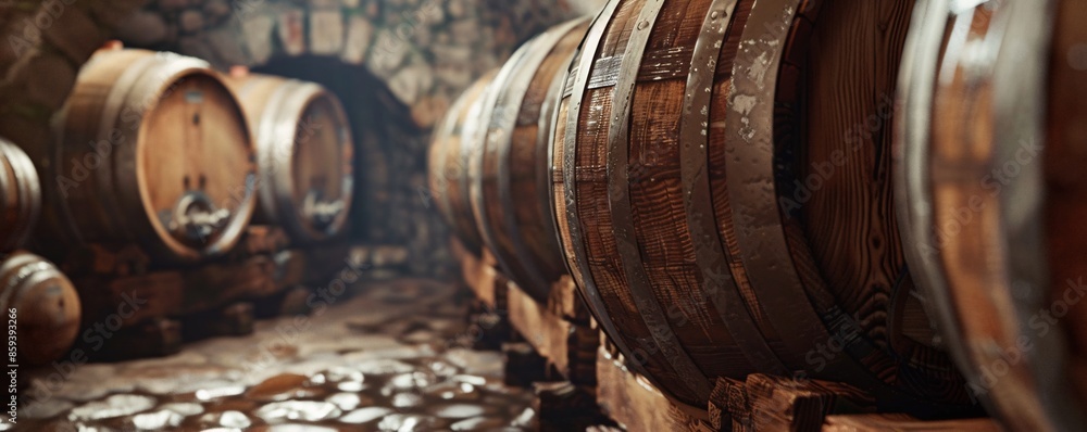 Wine storage with barrels stacked in a cellar Wine storage with barrels stacked in a cellar