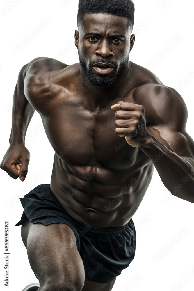 Muscular African American Man Sprinting, Shirtless, Close-up Muscular African American Man Sprinting, Shirtless, Close-up