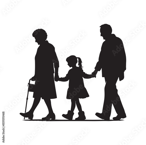 grandparents walking with granddaughter vector silhouette Illustration 