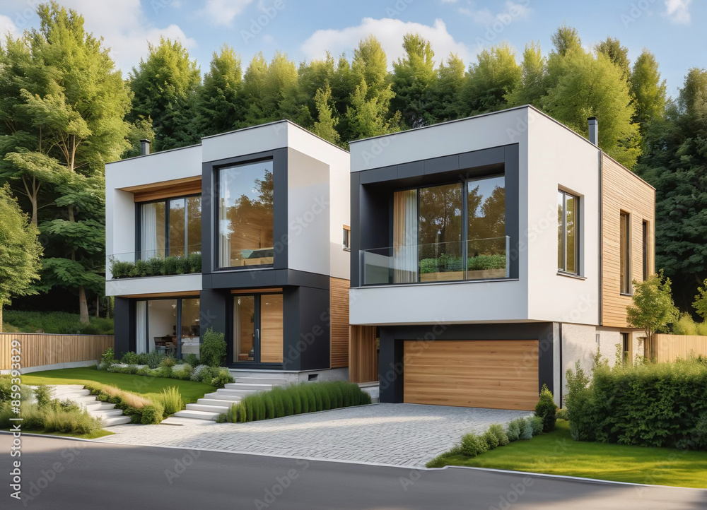 Fototapeta premium Maison moderne cubique avec aménagement de jardin