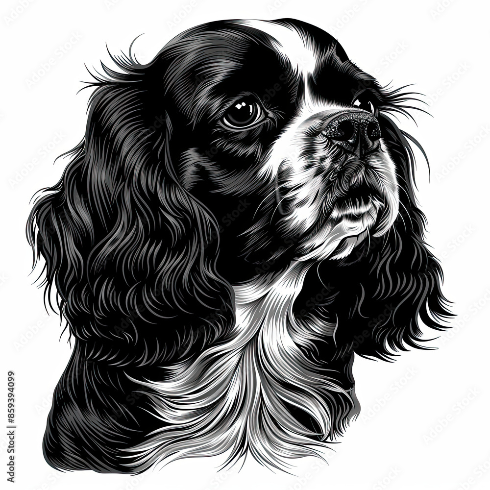 A black and white drawing of a Cavalier King Charles Spaniel dog A black and white drawing of a Cavalier King Charles Spaniel dog