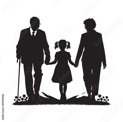grandparents walking with granddaughter vector silhouette Illustration 
