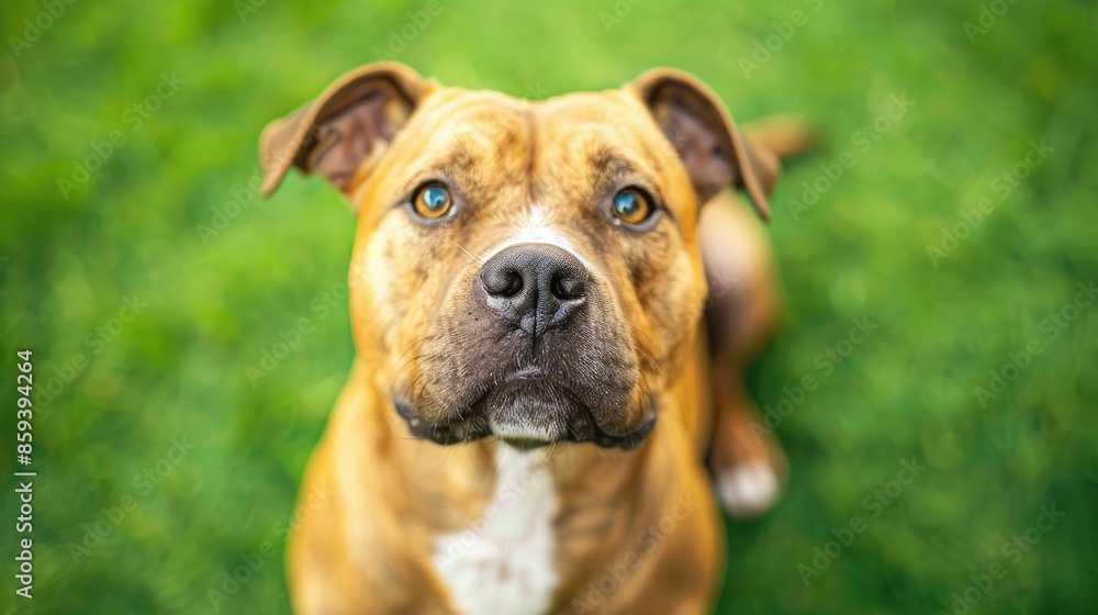 Dog portrait on green background with friendly demeanor Dog portrait on green background with friendly demeanor