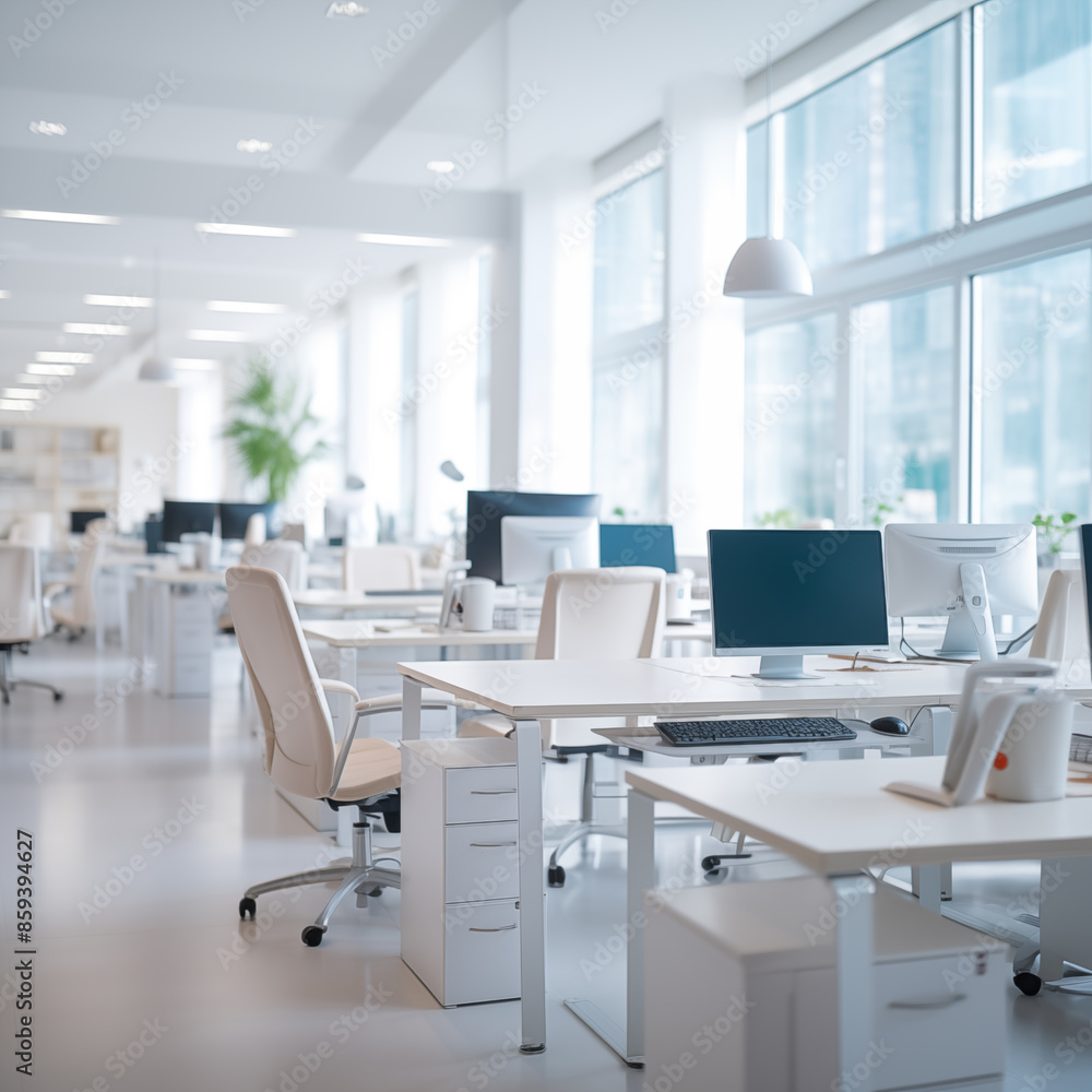 A minimalist office with white desks and chairs. Generative AI A minimalist office with white desks and chairs. Generative AI
