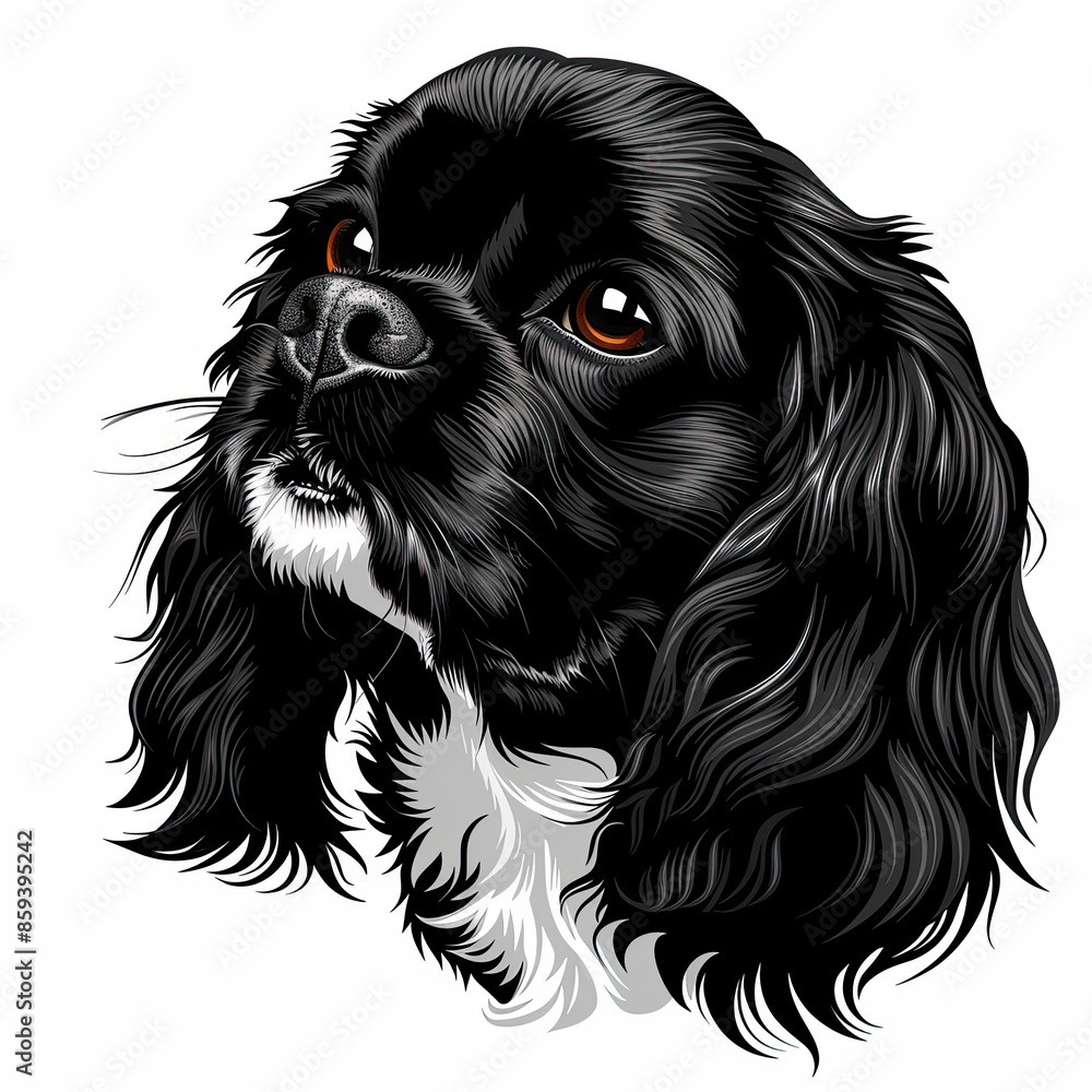 A black and white drawing of a cavalier king charles spaniel dog A black and white drawing of a cavalier king charles spaniel dog