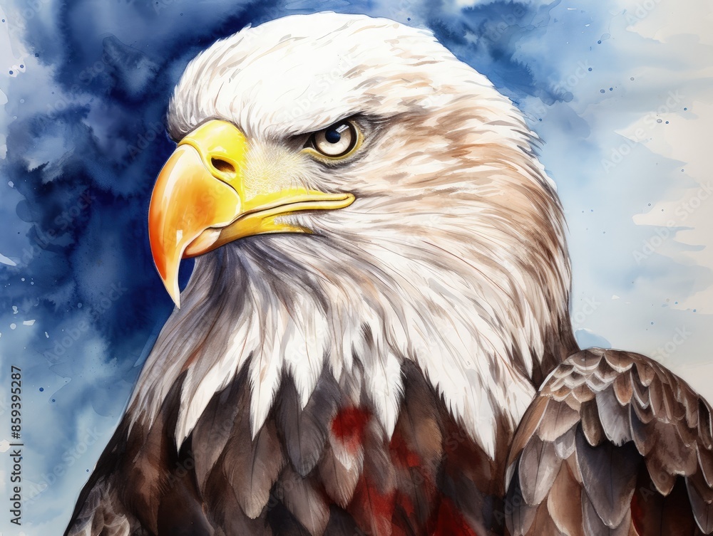 Obraz premium A painting of an eagle with its head turned to the side. The painting is in watercolor and has a moody, dramatic feel to it