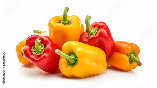 Closeup of fresh sweet peppers in an organic garden, showcasing rich textures and vivid colors, ideal for farming and agricultural themes, isolated white background