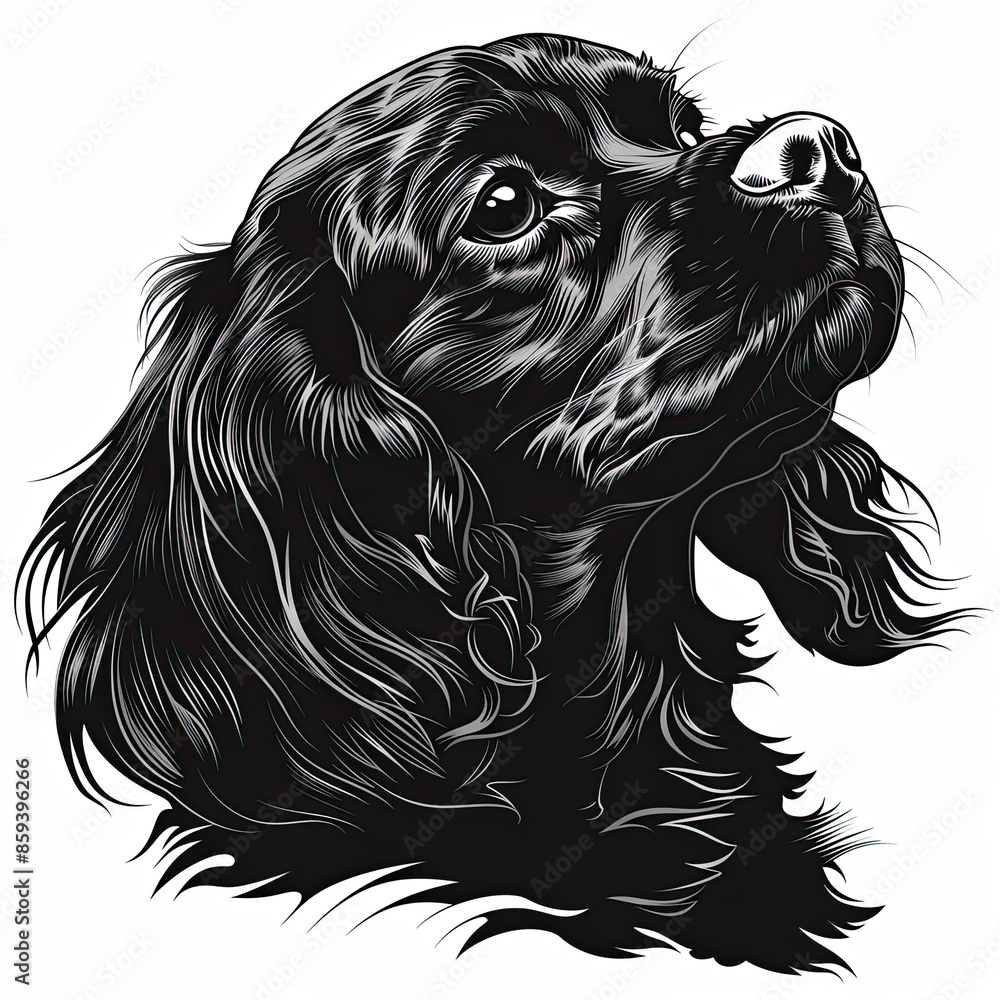 A black and white drawing of a Cavalier King Charles Spaniel dog A black and white drawing of a Cavalier King Charles Spaniel dog