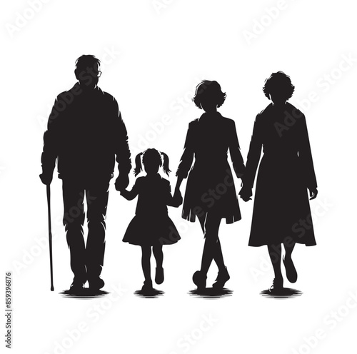 grandparents walking with granddaughter vector silhouette Illustration 