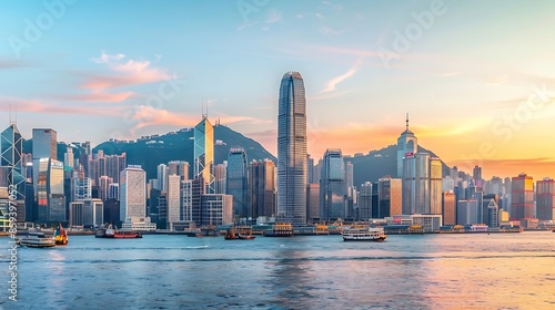 View of Hong Kong skyline with financial district at sunset along the Victoria Harbour and Kowloon Bay Hong Kong China : Generative AI
