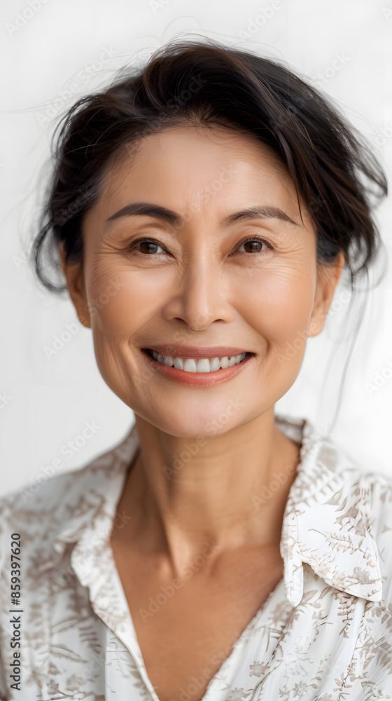Closeup Portrait of pretty smiling mature asian woman isolated on white background Closeup Portrait of pretty smiling mature asian woman isolated on white background