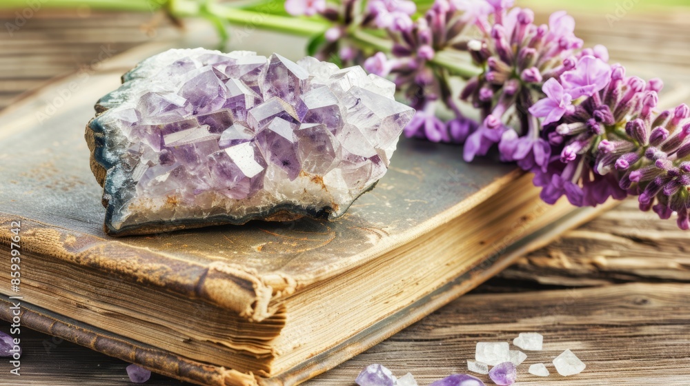 Fototapeta premium Amethyst crystal on vintage book with blooming lilacs