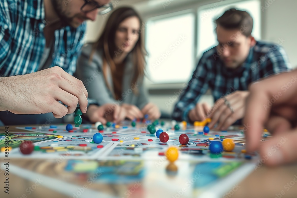 Adults engaged in a board game, focusing intently on their next move. Adults engaged in a board game, focusing intently on their next move.