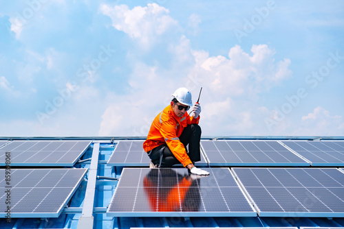 Engineer service check installation solar cell on the roof of factory , Sustainable energy industry concept, Renewable energy solution for climate change