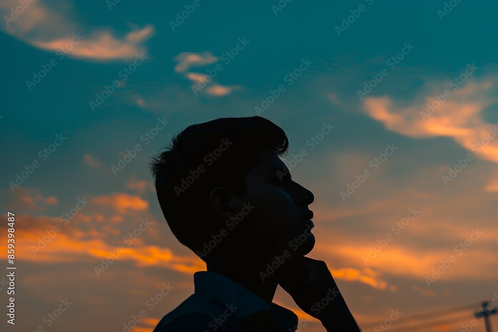 Contemplative silhouette of a young man at sunset Contemplative silhouette of a young man at sunset