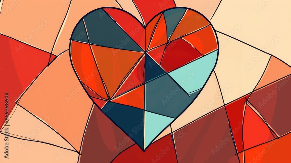 Fototapeta premium Abstract heart background flat design side view modern theme cartoon drawing Triadic Color Scheme 