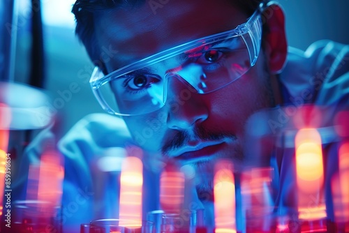 Wallpaper Mural A scientist conducts experiments with glowing test tubes in a laboratory setting. Torontodigital.ca