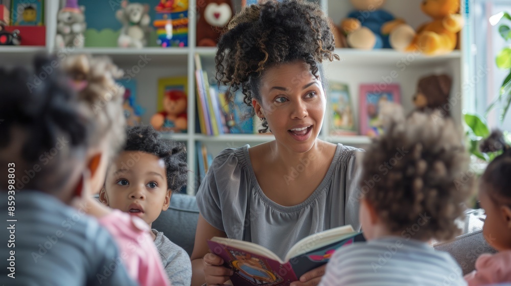 Female teacher reading a story to children in kindergarten school, Classroom and learning concept. Female teacher reading a story to children in kindergarten school, Classroom and learning concept.