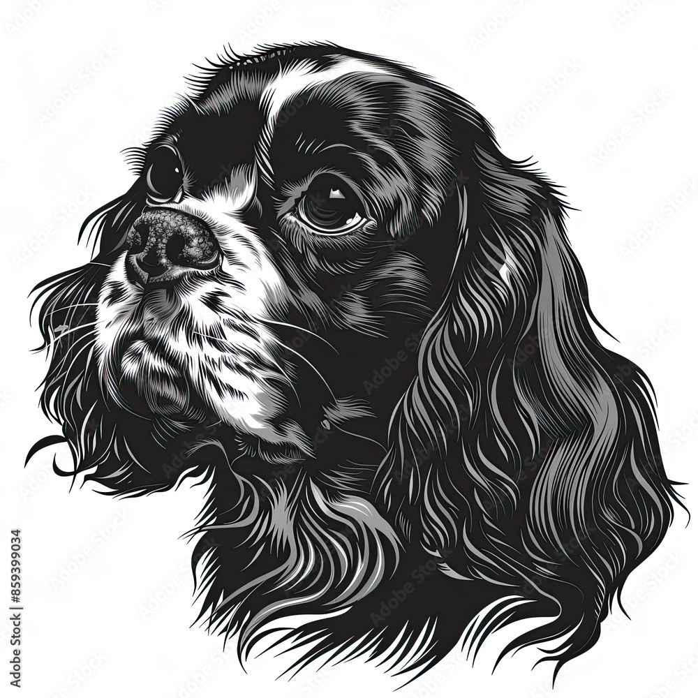 A black and white drawing of a Cavalier King Charles Spaniel dog A black and white drawing of a Cavalier King Charles Spaniel dog
